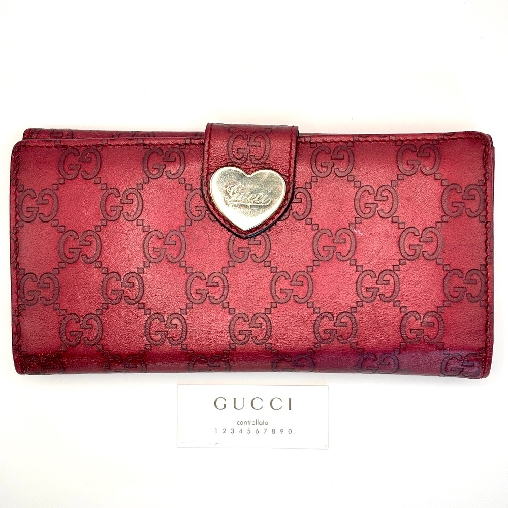 Auth Gucci Lovely Heart GG Guccissima Logo Burgundy Leather Long Wallet 203550
